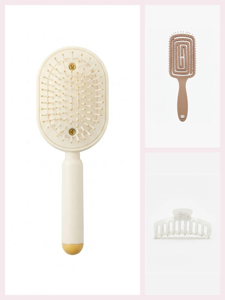 Coffret Démêlage crème : brosse vaporisatrice crème, brosse démêlante beige et pince crabe blanche