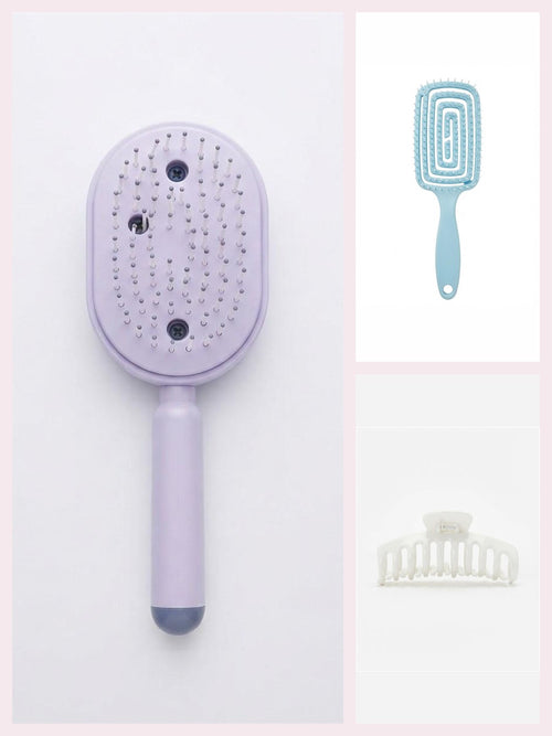Coffret Démêlage lavande : brosse vaporisatrice lavande, brosse démêlante bleu ciel et pince crabe blanche