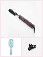 Coffret Lissage prune : peigne chauffant à strass prune, brosse démêlante bleu ciel et petite pince noire