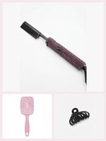 Coffret Lissage prune : peigne chauffant à strass prune, brosse démêlante rose et petite pince noire