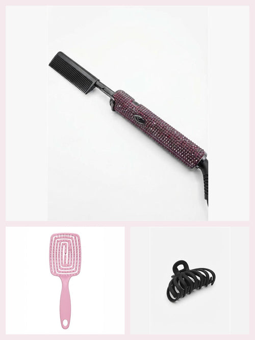 Coffret Lissage prune : peigne chauffant à strass prune, brosse démêlante rose et petite pince noire