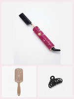Coffret Lissage rose fuchsia : peigne chauffant à strass rose fuchsia, brosse démêlante beige et petite pince noire