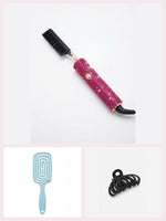 Coffret Lissage rose fuchsia : peigne chauffant à strass rose fuchsia, brosse démêlante bleu ciel et petite pince noire