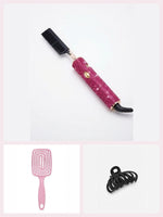 Coffret Lissage rose fuchsia : peigne chauffant à strass rose fuchsia, brosse démêlante rose et petite pince noire