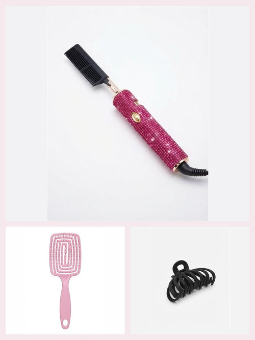 Coffret Lissage rose fuchsia : peigne chauffant à strass rose fuchsia, brosse démêlante rose et petite pince noire