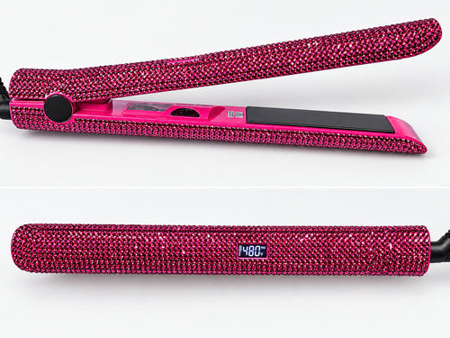 Fer à lisser à strass rose fuchsia, ouvert et fermé avec l'écran LCD