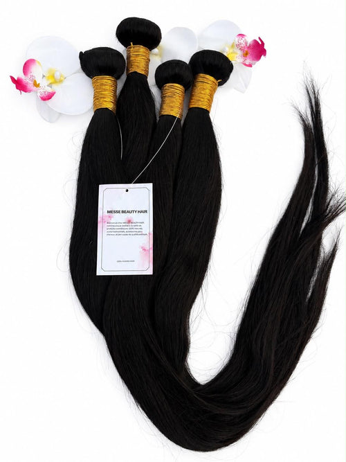 Lot de 4 mèches lisses en cheveux naturels noirs, étiquette Messe Beauty Hair