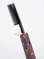 Peigne chauffant à strass prune, détail du peigne et du support